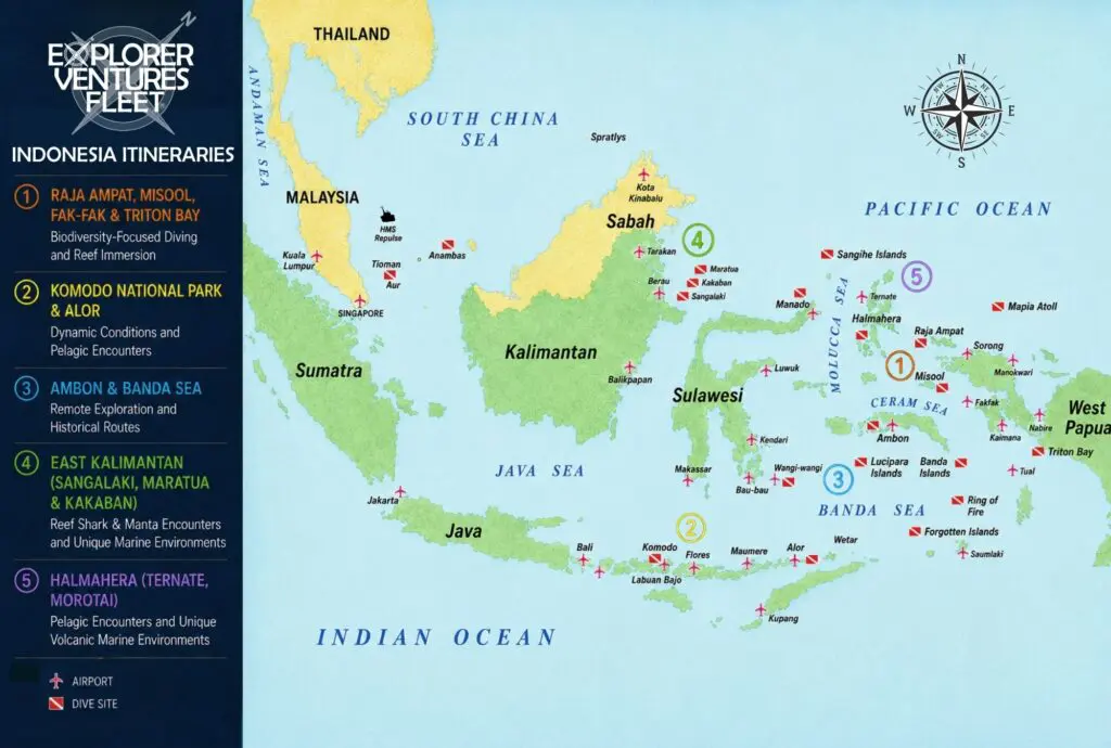 Indonesia Itineraries Map | Explorer Ventures Fleet® Liveaboard Diving