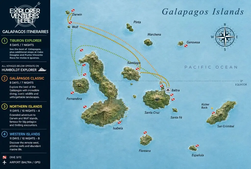 Galapagos Liveaboard Itineraries | Explorer Ventures Fleet® Galapagos Itinerary Map 2026