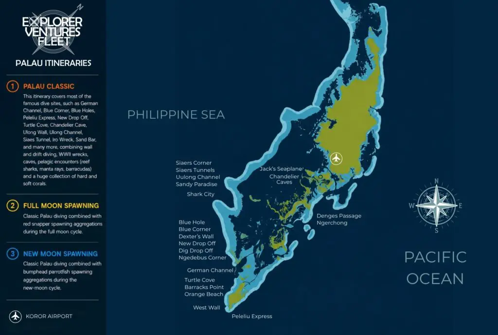 Palau Liveaboard Itineraries | Explorer Ventures Fleet® Palau Itinerary Map V3