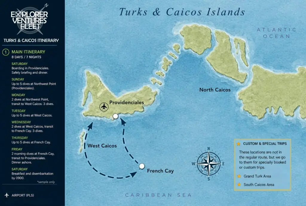 Diving in the Turks & Caicos Islands | Explorer Ventures Fleet® Turks & Caicos Itinerary Map 2026