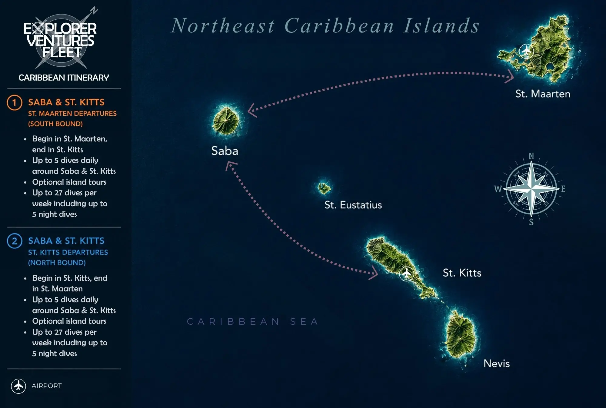 Saba and St. Kitts Liveaboard Itinerary | Explorer Ventures Fleet® Northeast Caribbean Islands Itinerary Map for Caribbean Explorer II | Explorer Ventures Fleet