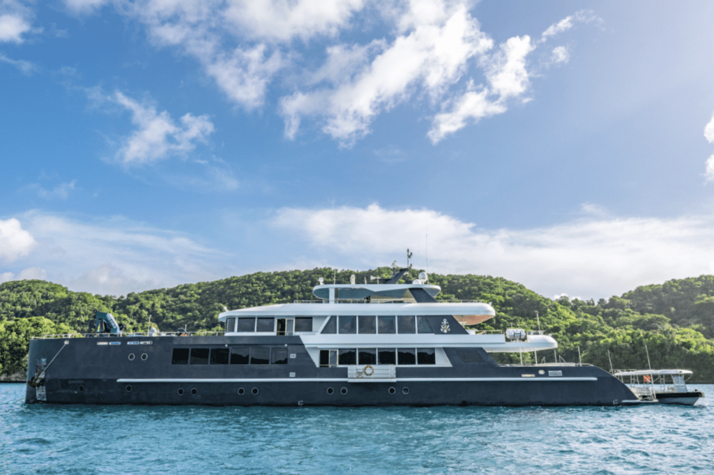 Large boat on ocean with island in background